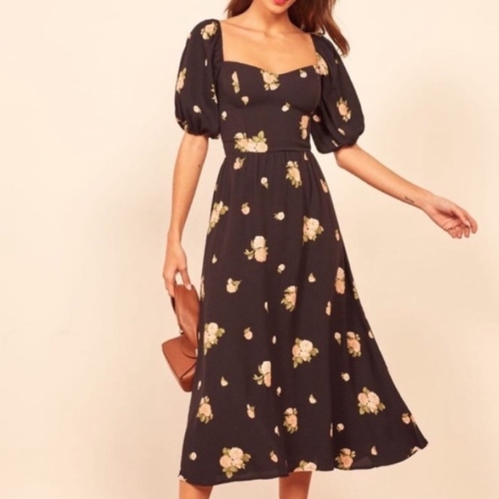 Reformation Zippy Midi Dress Aphrodite Black Pink Floral Sweetheart Neckline 2
